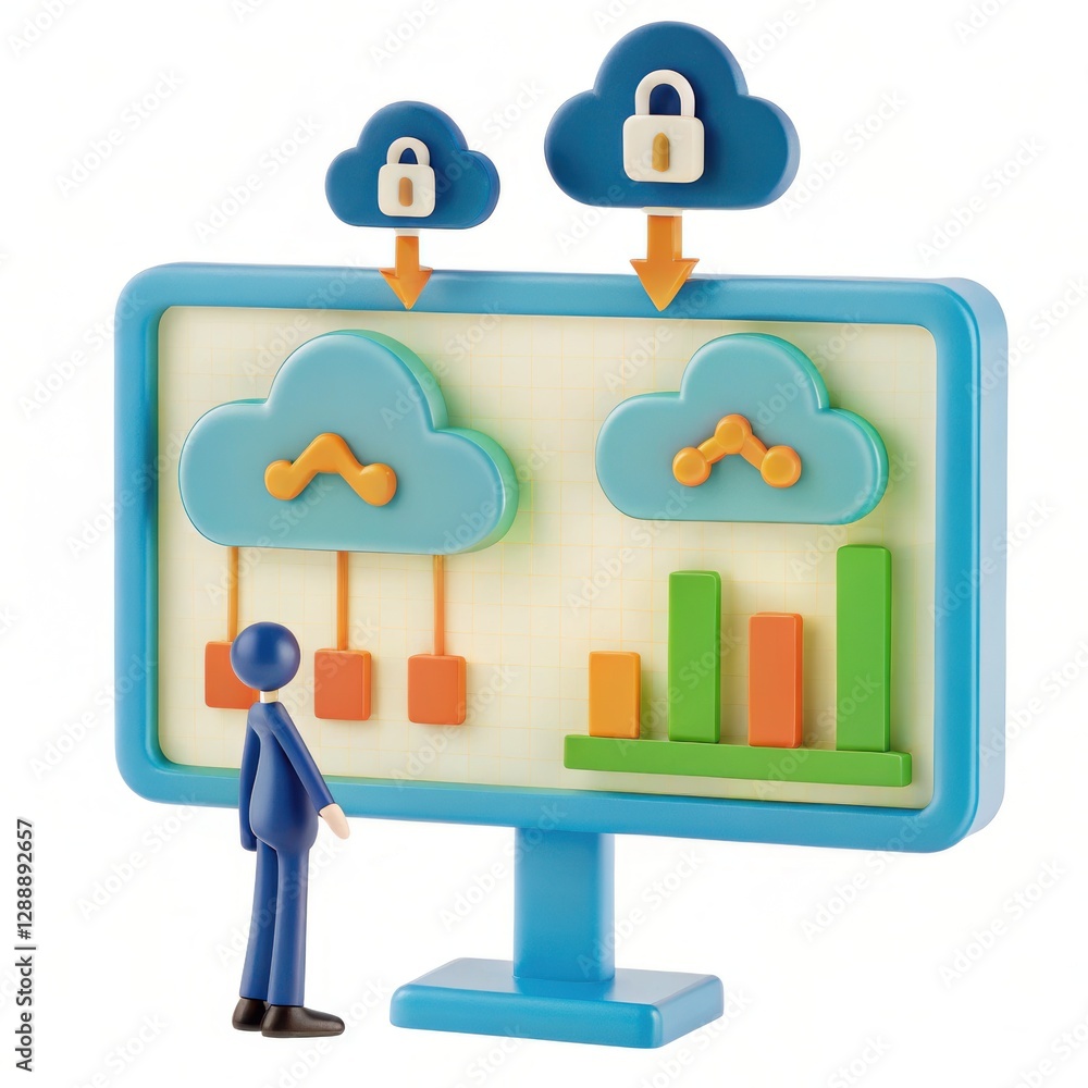 Poster digital analysis concept with cloud technology and security features in a professional it environmen