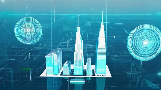 A futuristic cityscape featuring glowing digital skyscrapers, surrounded by advanced technology and data-driven elements, reflecting urban innovation.
