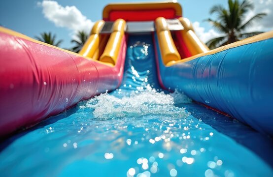 Vibrant close-up of wet inflatable water slide. Rainbow colors, refreshing water droplets in summer sunny day. Recreation, entertainment, adventure, fun concept. Playground activity, travel, holiday,