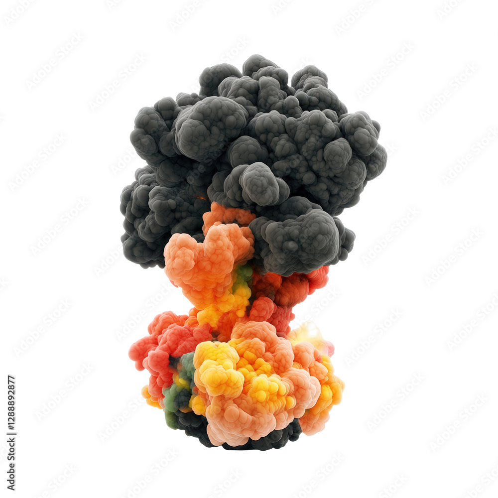 Poster black and orange smoke cloud rising against a clear background with abstract patterns and texture is
