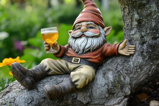 Colourful Lawn Gnome - A Beautiful Garden Fairy Tale Elf Sitting in Yard with Drink