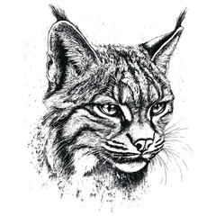 Hand-drawn bobcat, vintage art, black sketch effect, predator illustration, forest animal, vector design, print design, antique style, white background, wildlife.