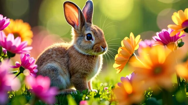 Curious rabbit exploring colorful wildflower meadow in sunlit landscape