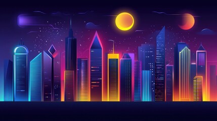 Vibrant City Skyline at Night with Colorful Neon Lights