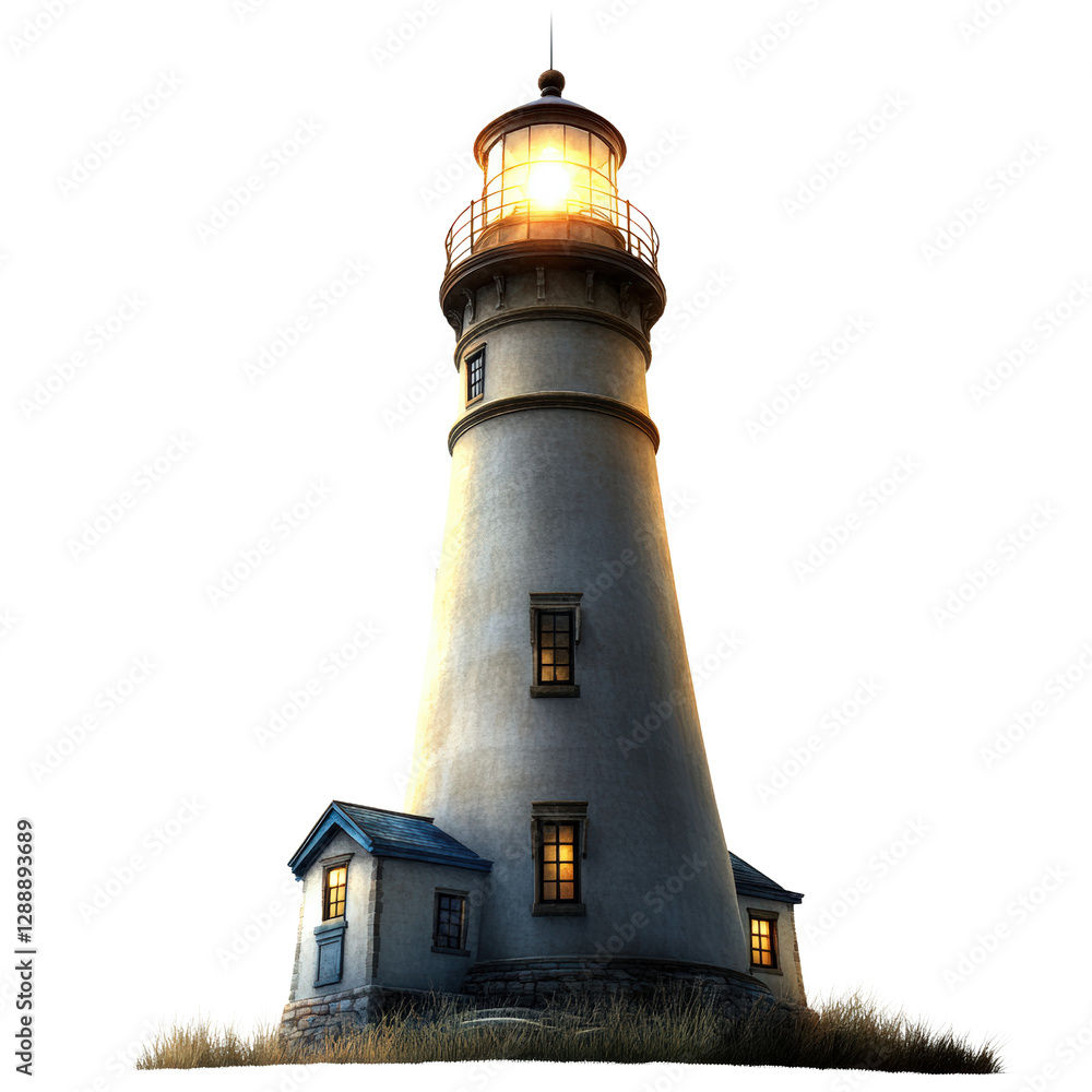 Poster lighthouse with illuminated light beacon on top against a clear blue sky and ocean view isolated on 
