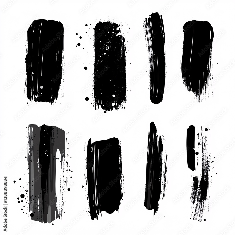 Poster black ink brush strokes with dynamic splattered patterns