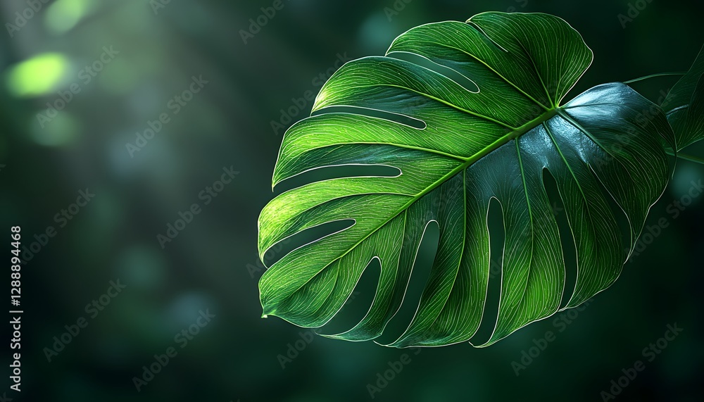 Poster close-up of a monstera leaf with detailed texture and vibrant green color