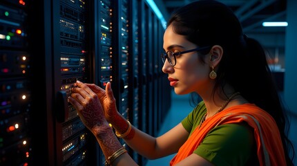 Focused young woman in saree meticulously works on server racks, glowing lights illuminating her expertise in the data center.