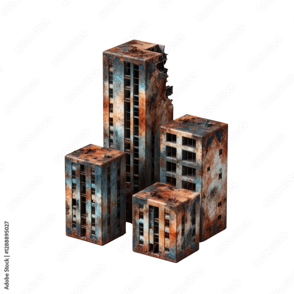 Poster group of four rusted metal boxes stacked in an industrial setting with weathered paint isolated on t