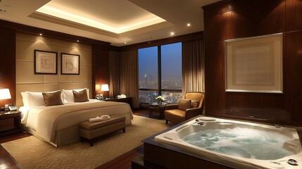 A luxurious hotel suite with a private jacuzzi and soft ambient lighting.