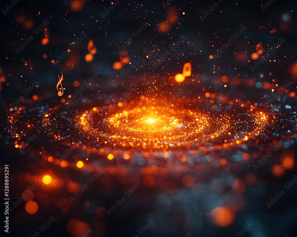 Poster glowing 3d galaxy of orbiting music notes representing harmony and unity