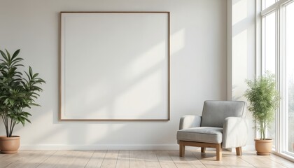 Fototapeta premium Minimalist living room interior mockup with empty frame, gray armchair, potted plants. Contemporary bright home design with wooden floor, white walls, sunlight from window, simple clean decoration