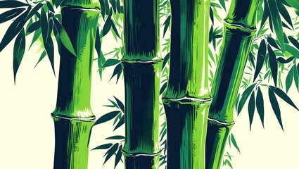 Obraz premium Fresh green bamboo stems and leaves close up, illustration.