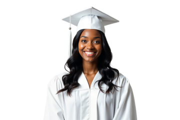 Smiling graduate African American woman portrait in cap and gown. Cheerful, bright studio shot isolated on white background. For graduation, education themes. Isolated on transparent background.