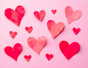 paper red hearts on a pink background
