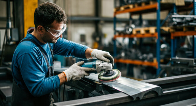 Man using a power tool to polish a metal surface in an industrial workshop during daylight hours