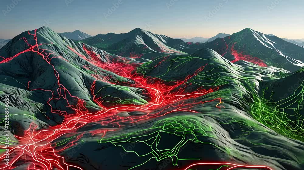 Poster futuristic mountain landscape with digital network paths and data flow represented by red and green 