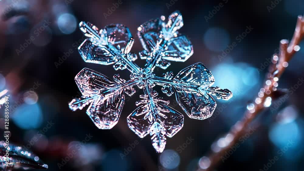 Poster close-up of a snowflake resting on a branch with shimmering details against a blurred background cap