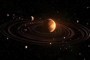 Obraz premium Majestic gas giant with rings and orbiting moons in space