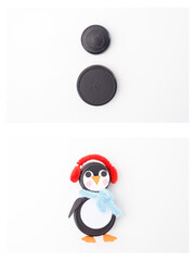 two black plastic bottle cap lid have been transformed into a penguin. DIY arts and crafts materials, kids educational projects, creative activities, preschool craft tools, playful,
