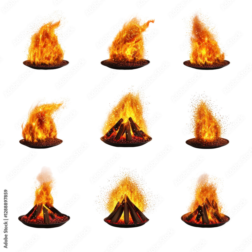 Poster collection of fire icons in various styles and designs for digital use and graphic projects isolated