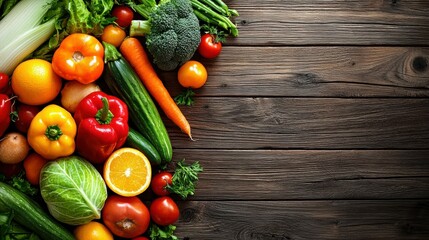Vibrant array of fresh vegetables and fruits kitchen table food photography rustic environment top view healthy eating