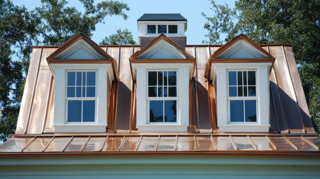 Copper Roof. House with Dormer, White Windows and Rectangle Glasses