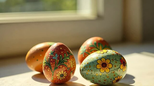 Handcrafted floral painted eggs displayed in sunlit room corner