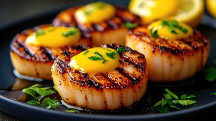 Grilled Scallops with Lemon Sauce and Fresh Herbs on Plate