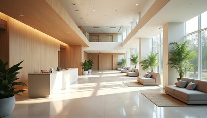 Spacious modern hospital lobby boasts an open layout, comfortable seating, and a reception desk. The room features clean, elegant design with many windows and potted plants indoors.