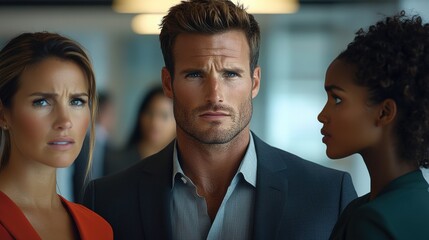 Three professionals engage in a tense discussion in a modern office setting, showcasing expressions of concern and determination amidst a busy workplace