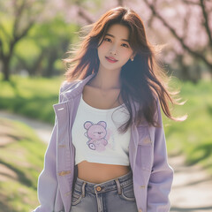 봄 날씨 자켓과 청바지 입은 아름다운 한국 여성