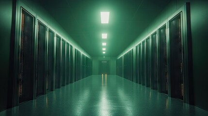 Fototapeta premium Green lit server room corridor; data center hallway; technology infrastructure