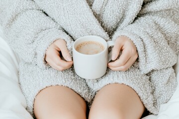 Cozy morning routine with coffee enjoyed in a soft bathrobe while sitting on a bed with white bedding
