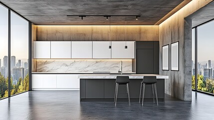 Contemporary Kitchen Interior with Concrete and Minimalist Design Overlooking Cityscape