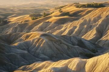 Naklejka premium Crete Senesi: Summer sunrise in the solemn badlands of Tuscany, Italy
