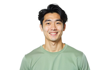 Smiling young man portrait isolated on white background.  Light green t-shirt. Ideal for profile picture, marketing, advertising, social media, business. Isolated on transparent background.