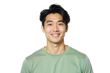 Smiling young man portrait isolated on white background.  Light green t-shirt. Ideal for profile picture, marketing, advertising, social media, business. Isolated on transparent background.