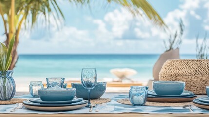 A serene oceanfront dining setting with blue ceramic tableware and tropical vibes.