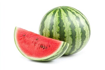 Fresh watermelon slice and whole fruit on white background