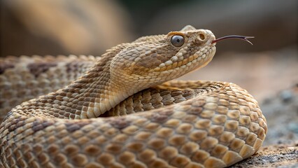 Fototapeta premium Viper's Vigil: A striking close-up showcases a venomous snake in its natural habitat, capturing the intricate details of its scales and intense gaze. The reptile's forked tongue flickers.