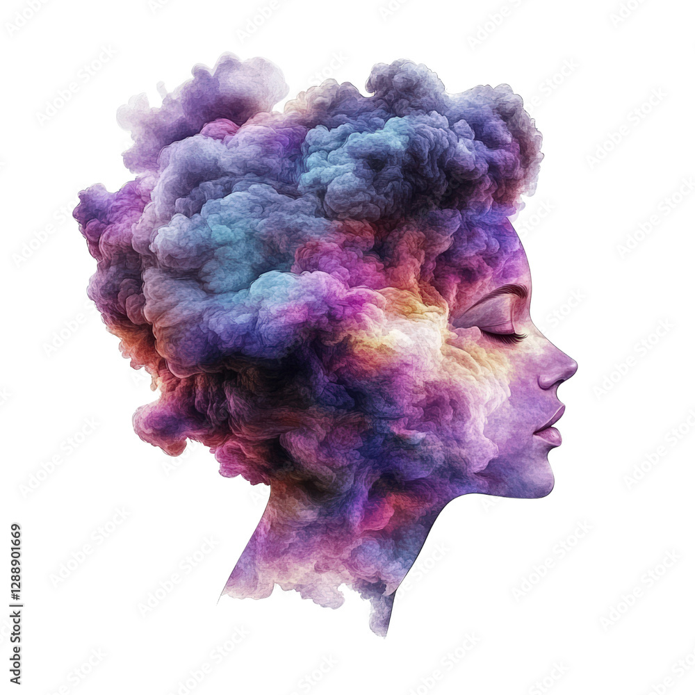 Poster womans head with smoke emerging symbolizing creativity and thought in a conceptual art representatio