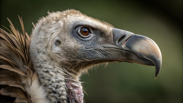 Vulture's Intricate Gaze: A captivating close-up of a vulture's profile, revealing the intricate details of its eye and beak, set against a soft, natural backdrop, hinting at a majestic.