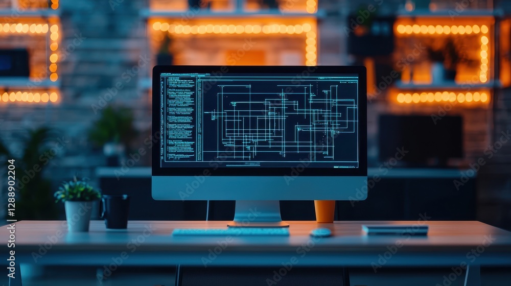 Poster a modern workspace featuring a sleek computer displaying intricate coding on a dark background, comp