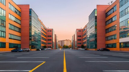Obraz premium Modern office buildings line a spacious parking lot, framed by a sunset sky, creating a tranquil urban landscape.