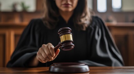 A female judge in a courtroom, announcing a verdict with a gavel in hand