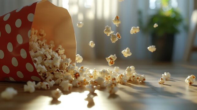 Spilled popcorn from a red polka dot container