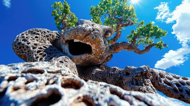 Fantasy tree creature, sunny sky, whimsical art, digital illustration, creative concept