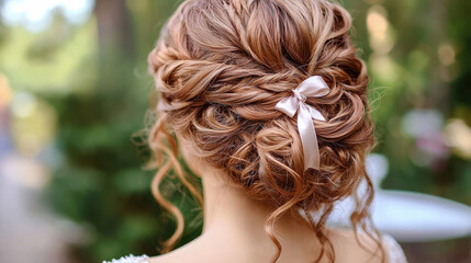 Naklejka premium Luxurious Renaissance princess hairstyle with elegant curls and silk ribbon