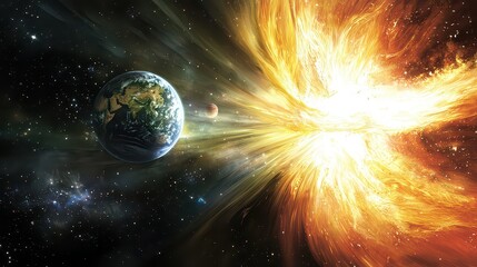 Obraz premium A radiant cosmic storm swirls around Earths atmosphere, reflecting the light of distant planets